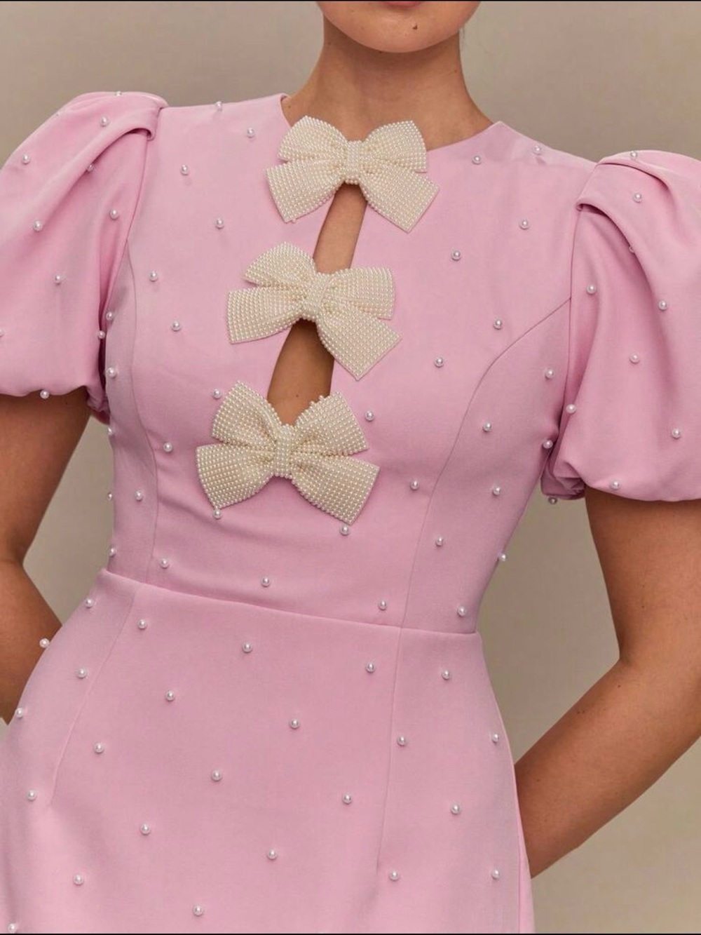 Pink Puff-Sleeve Mini Dress with Ivory Bows - Picture 3 of 6